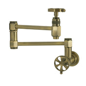 Wall Mount Pot Filler Faucet, Belknap, Dual Wheel Handles in Antique Brass