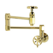 Wall Mount Pot Filler Faucet, Belknap, Dual Wheel Handles in Polished Brass
