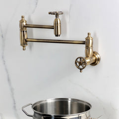 Wall Mount Pot Filler Faucet, Tulare, Two-Handle in Antique Brass