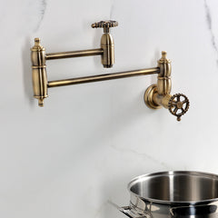 Wall Mount Pot Filler Faucet, Tulare, Two-Handle in Antique Brass