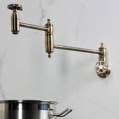 Wall Mount Pot Filler Faucet, Tulare, Two-Handle in Antique Brass