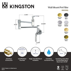 Wall Mount Pot Filler Faucet, Whitaker, Two-Handle 1-Hole in Polished Brass