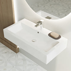 Wall-Mount Sink, Voltaire, Wide Rectangle with Single Faucet Hole in Shiny White