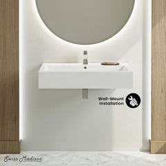 Wall-Mount Sink, Voltaire, Wide Rectangle with Single Faucet Hole in Shiny White