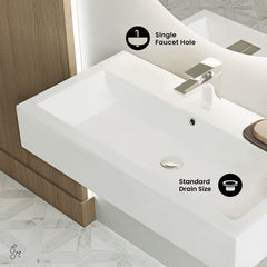Wall-Mount Sink, Voltaire, Wide Rectangle with Single Faucet Hole in Shiny White