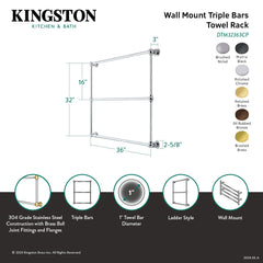 Wall Mount Towel Rack, Palatine, 36-Inch x 32-Inch 3-Tier in Polished Brass