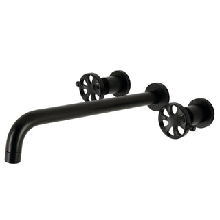 Wall Mount Tub Faucet, Belknap, Two-Handle 3-Hole in Matte Black