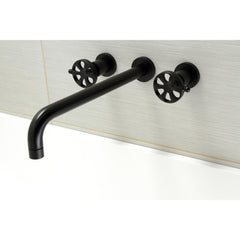Wall Mount Tub Faucet, Belknap, Two-Handle 3-Hole in Matte Black