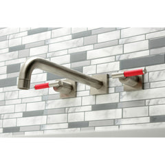 Wall Mount Tub Faucet, Kaiser, Two-Handle 3-Hole in Brushed Nickel
