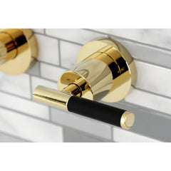 Wall Mount Tub Faucet, Kaiser, Two-Handle 3-Hole in Polished Brass