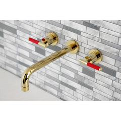 Wall Mount Tub Faucet, Kaiser, Two-Handle 3-Hole in Polished Brass