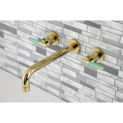 Wall Mount Tub Faucet, Kaiser, Two-Handle 3-Hole in Polished Brass