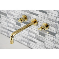 Wall Mount Tub Faucet, Kaiser, Two-Handle 3-Hole in Polished Brass