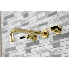 Wall Mount Tub Faucet, Kaiser, Two-Handle 3-Hole in Polished Brass