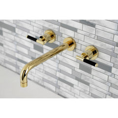 Wall Mount Tub Faucet, Kaiser, Two-Handle 3-Hole in Polished Brass
