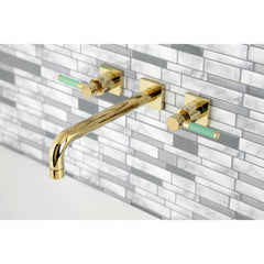 Wall Mount Tub Faucet, Kaiser, Two-Handle 3-Hole in Polished Brass