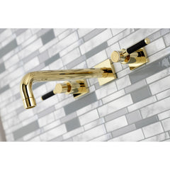 Wall Mount Tub Faucet, Kaiser, Two-Handle 3-Hole in Polished Brass