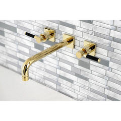 Wall Mount Tub Faucet, Kaiser, Two-Handle 3-Hole in Polished Brass