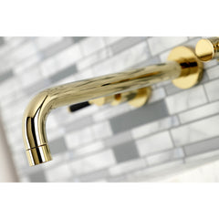 Wall Mount Tub Faucet, Kaiser, Two-Handle 3-Hole in Polished Brass