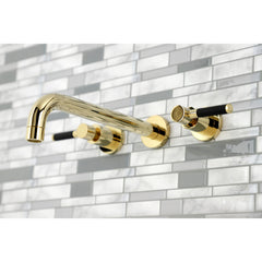 Wall Mount Tub Faucet, Kaiser, Two-Handle 3-Hole in Polished Brass