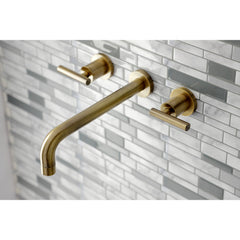 Wall Mount Tub Faucet, Manhattan, Two-Handle 3-Hole in Antique Brass