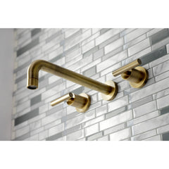 Wall Mount Tub Faucet, Manhattan, Two-Handle 3-Hole in Antique Brass