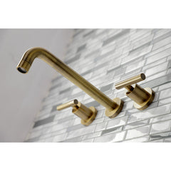 Wall Mount Tub Faucet, Manhattan, Two-Handle 3-Hole in Antique Brass
