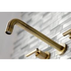 Wall Mount Tub Faucet, Manhattan, Two-Handle 3-Hole in Antique Brass