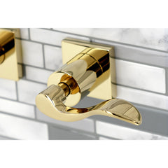 Wall Mount Tub Faucet, Tulare, Two-Handle 3-Hole in Polished Brass