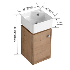 Wall Mounted Bathroom Vanity, 12 In, with White Ceramic Sink