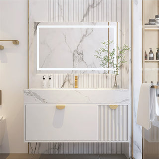 Wall-Mounted Bathroom Vanity, 36 in, White with Gold Handles