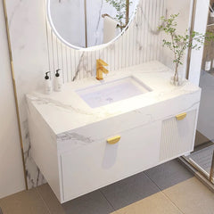 Wall-Mounted Bathroom Vanity, 36 in, White with Gold Handles