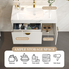 Wall-Mounted Bathroom Vanity, 36 in, White with Gold Handles
