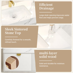 Wall-Mounted Bathroom Vanity, 36 in, White with Gold Handles