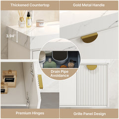 Wall-Mounted Bathroom Vanity, 36 in, White with Gold Handles