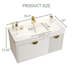 Wall-Mounted Bathroom Vanity, 36 in, White with Gold Handles
