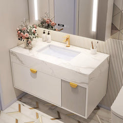 Wall-Mounted Bathroom Vanity, 36 in, White with Gold Handles