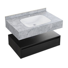 Wall-Mounted Bathroom Vanity, Avancer, 36-Inch with 1 Drawer in Black Oak
