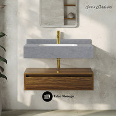 Wall-Mounted Bathroom Vanity, Avancer, 36 Inch with 1 Drawer in Brown Oak