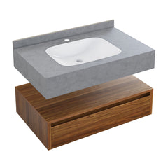 Wall-Mounted Bathroom Vanity, Avancer, 36 Inch with 1 Drawer in Brown Oak