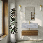 Wall-Mounted Bathroom Vanity, Avancer, 36 Inch with Ceramic Sink in Brown Oak