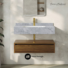 Wall-Mounted Bathroom Vanity, Avancer, 36 Inch with Ceramic Sink in Brown Oak