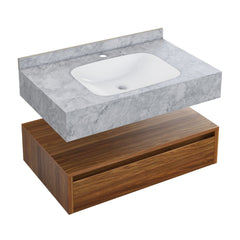 Wall-Mounted Bathroom Vanity, Avancer, 36 Inch with Ceramic Sink in Brown Oak