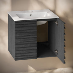 Wall-Mounted Bathroom Vanity, Cascade, 24 in with Ceramic Top in Black Oak