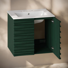 Wall-Mounted Bathroom Vanity, Cascade, 24 In with Ceramic Top in Green Oak