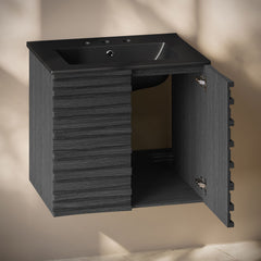 Wall-Mounted Bathroom Vanity, Cascade, 24 Inch with Ceramic Top in Black Oak