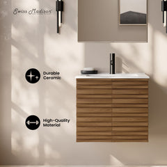 Wall-Mounted Bathroom Vanity, Cascade, 24 Inch with Sink Top in Brown Oak