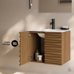 Wall-Mounted Bathroom Vanity, Cascade, 24 Inch with Sink Top in Brown Oak