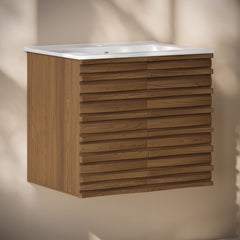 Wall-Mounted Bathroom Vanity, Cascade, 24 Inch with Sink Top in Brown Oak