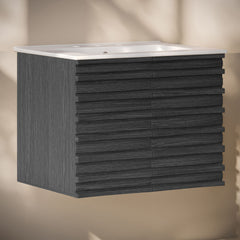 Wall-Mounted Bathroom Vanity, Cascade, 30 in with Ceramic Top in Black Oak